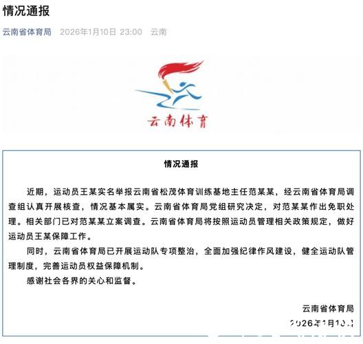 云南省体育局通报运动员王某实名举报事件:对范某某作出免职处理 云南省体育局通报运动员王某实名举报事件:对范某某作出免职处理